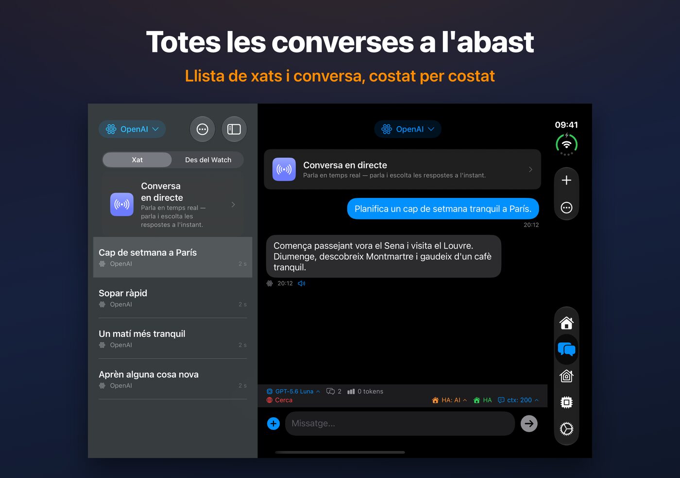 AskWatch a l'iPhone Duo obert: llista de xats i conversa l'una al costat de l'altra