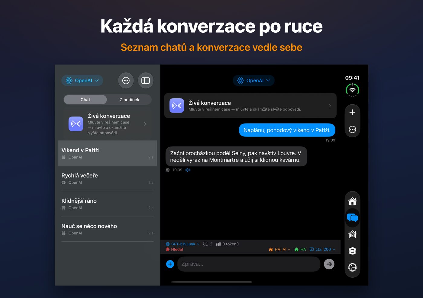 AskWatch na otevřeném iPhonu Duo: seznam chatů a konverzace vedle sebe
