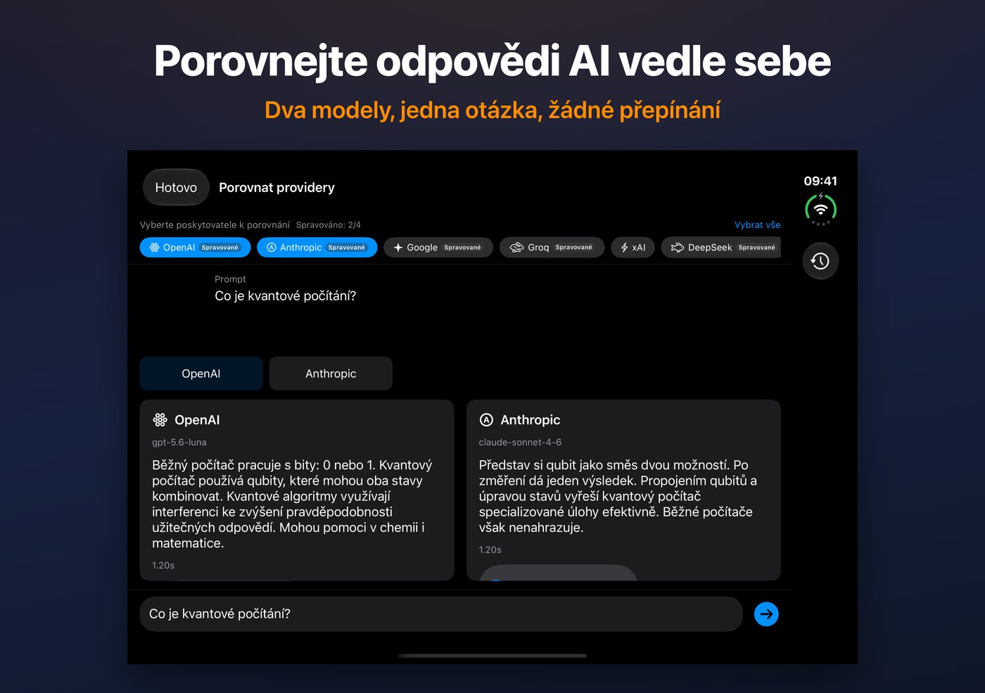 AskWatch Porovnat na iPhonu Duo: dvě odpovědi AI na jednu otázku vedle sebe
