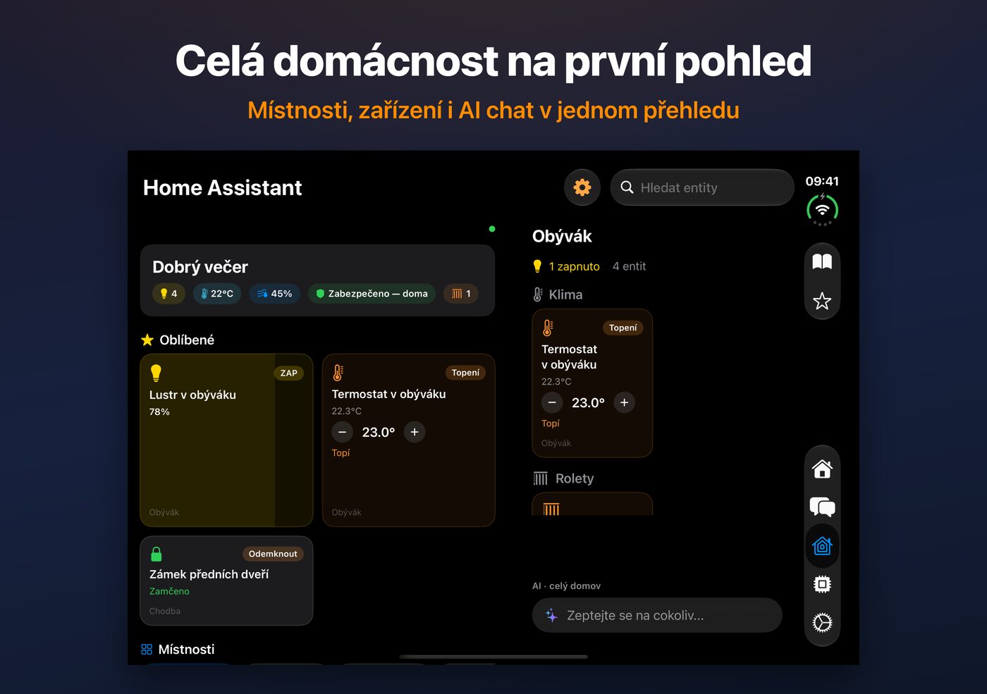 Přehled Home Assistant v AskWatch na otevřeném iPhonu Duo: místnosti, zařízení a AI chat