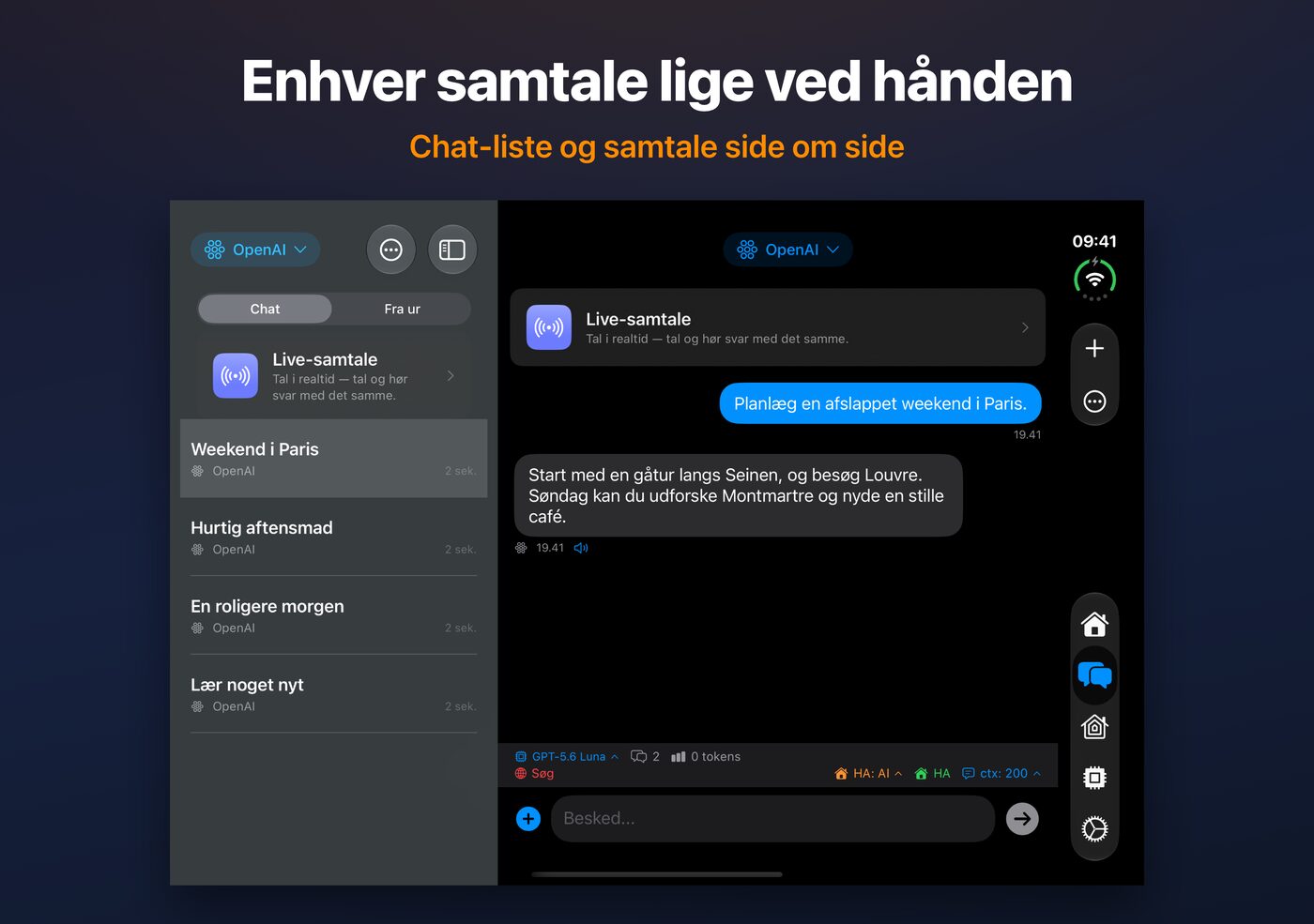 AskWatch på den åbne iPhone Duo: chatliste og samtale side om side