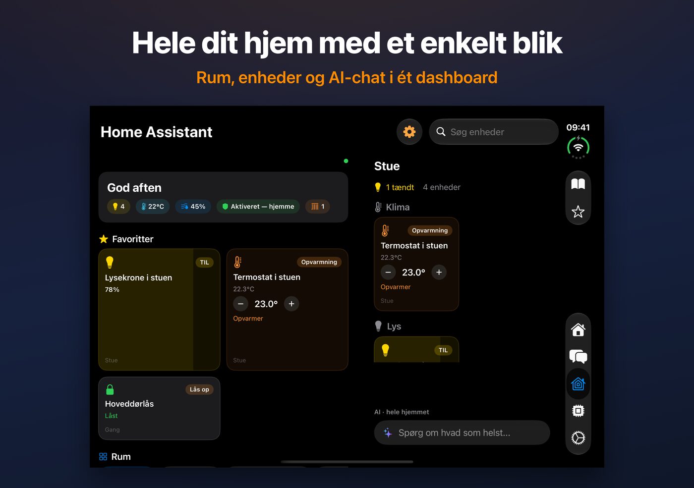 AskWatch Home Assistant-oversigt på den åbne iPhone Duo: rum, enheder og AI-chat