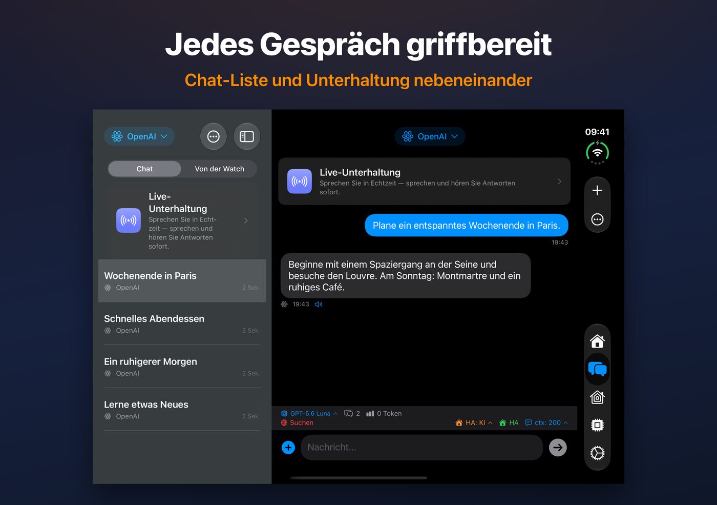 AskWatch auf dem aufgeklappten iPhone Duo: Chat-Liste und Unterhaltung nebeneinander