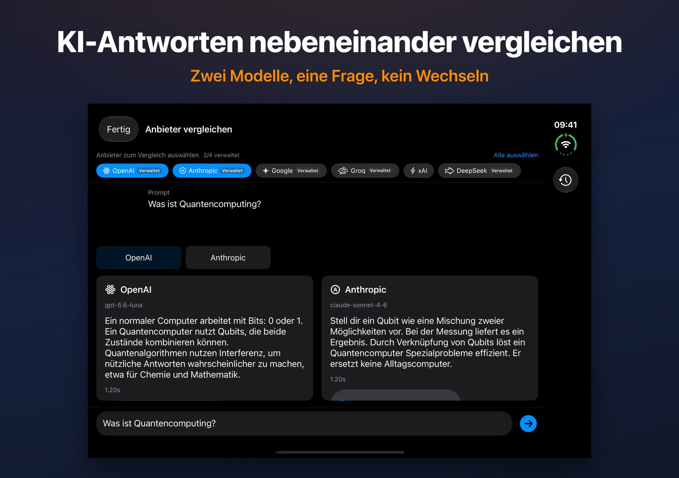 AskWatch Vergleichen auf dem iPhone Duo: zwei KI-Antworten auf eine Frage, nebeneinander