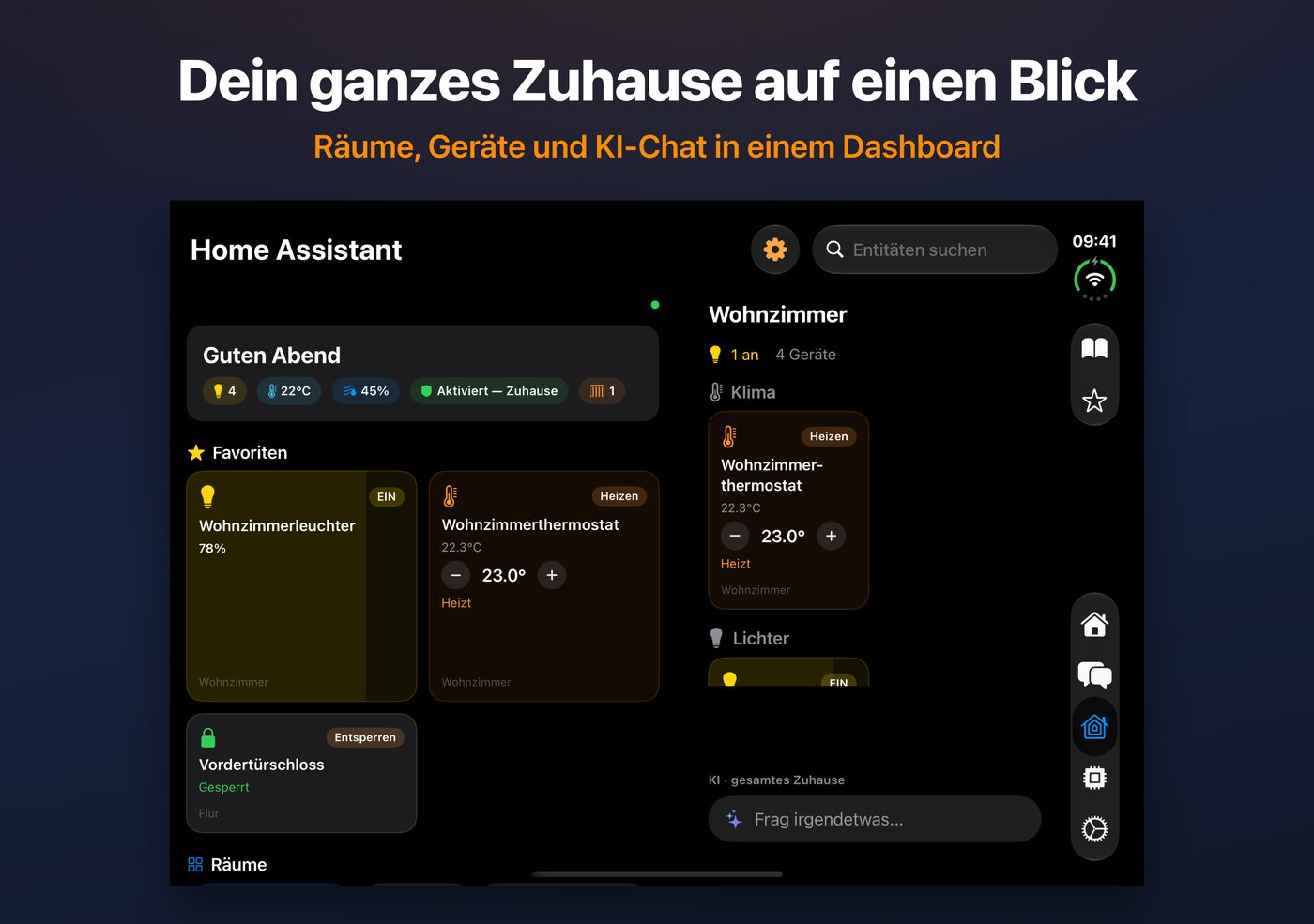 AskWatch Home Assistant-Dashboard auf dem aufgeklappten iPhone Duo: Räume, Geräte und KI-Chat