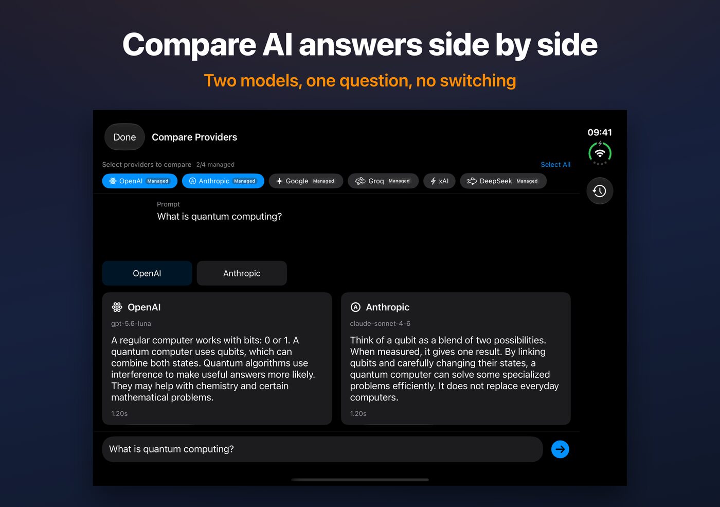 AskWatch Compare on iPhone Duo: two AI answers to one question, side by side