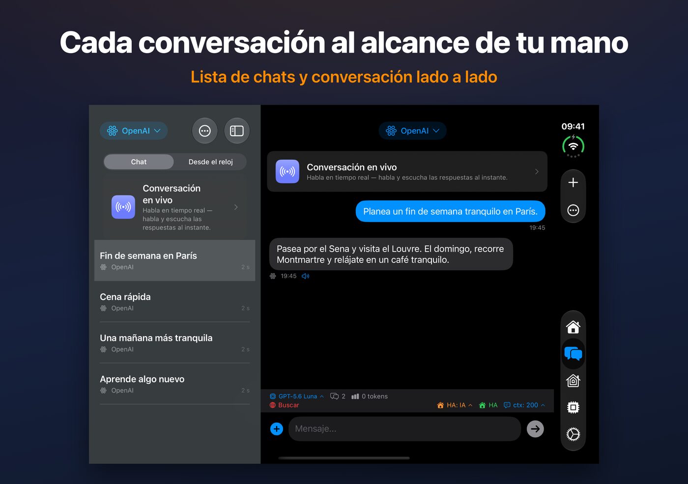 AskWatch en el iPhone Duo abierto: lista de chats y conversación lado a lado