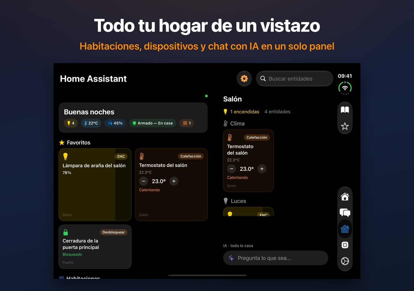 Panel de Home Assistant en AskWatch en el iPhone Duo abierto: habitaciones, dispositivos y chat con IA