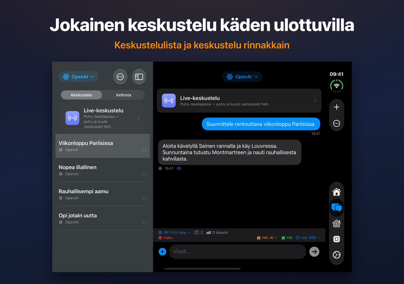 AskWatch avatulla iPhone Duo -näytöllä: keskustelulista ja keskustelu rinnakkain