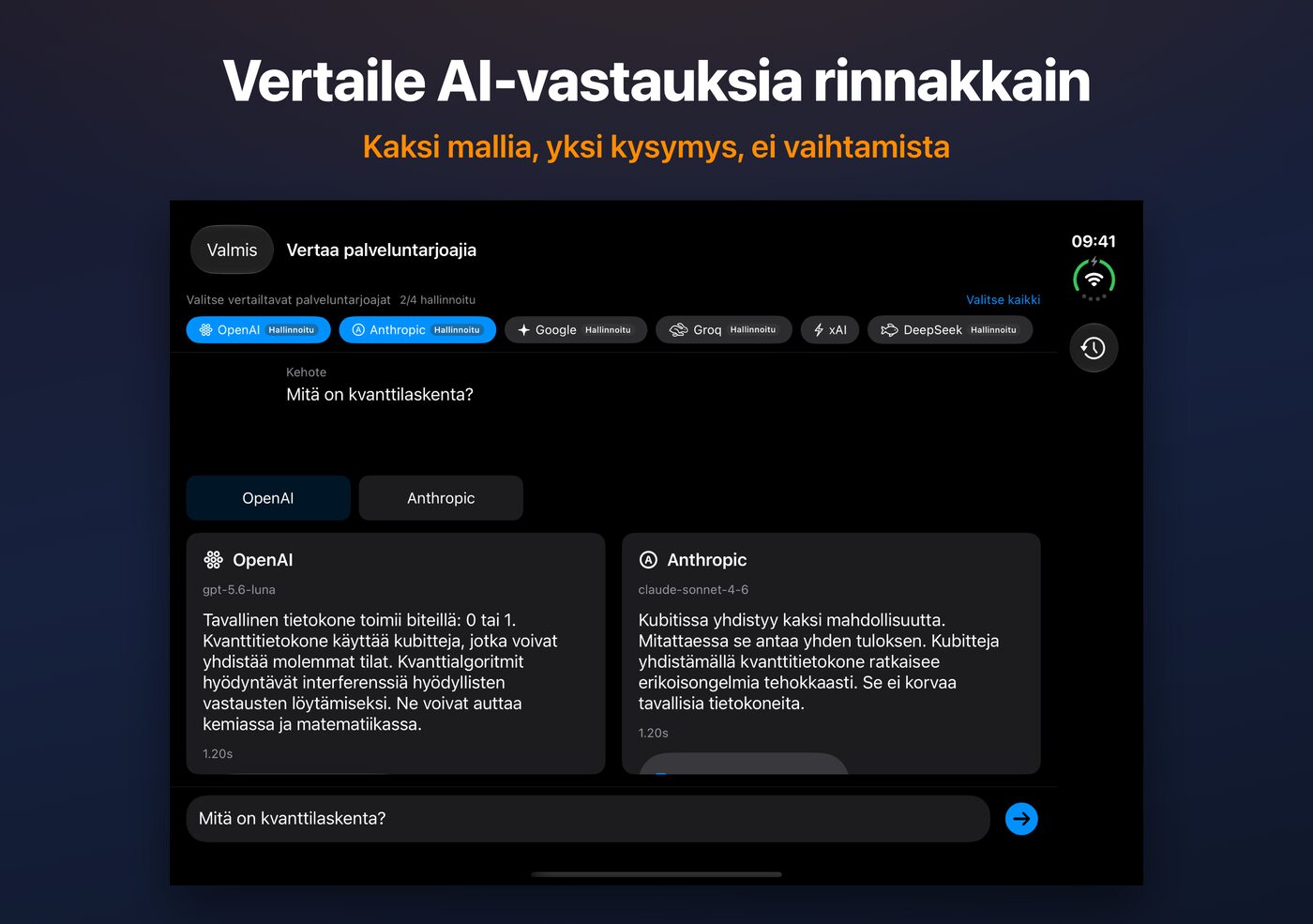 AskWatch Vertaile-näkymä iPhone Duo -puhelimessa: kaksi AI-vastausta yhteen kysymykseen rinnakkain