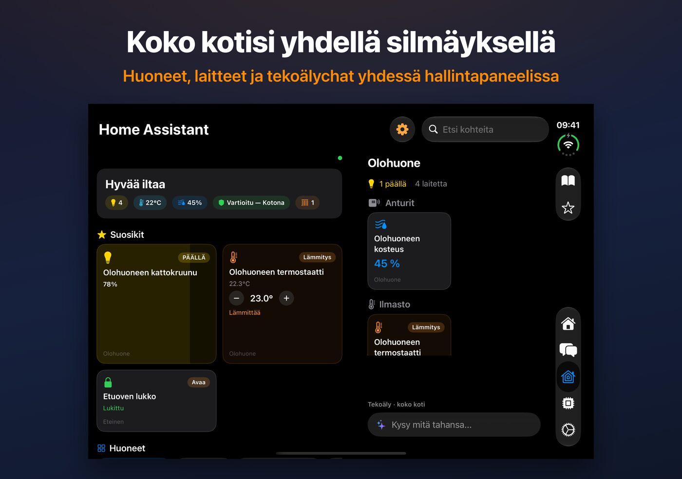 AskWatch Home Assistant -koontinäyttö avatulla iPhone Duo -näytöllä: huoneet, laitteet ja AI-keskustelu