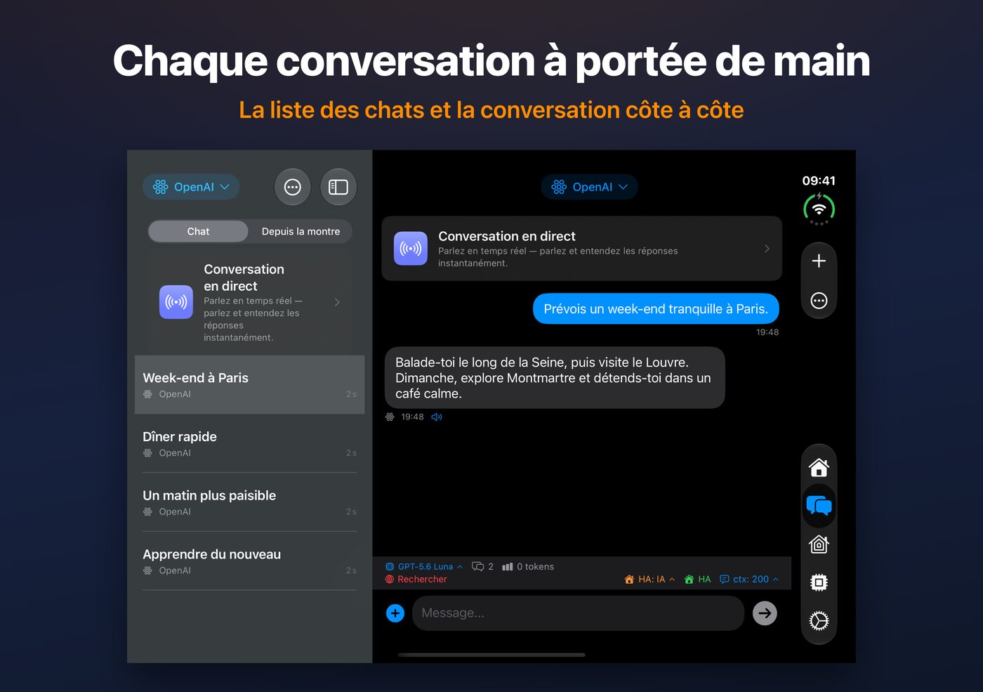 AskWatch sur l'iPhone Duo ouvert : liste des discussions et conversation côte à côte