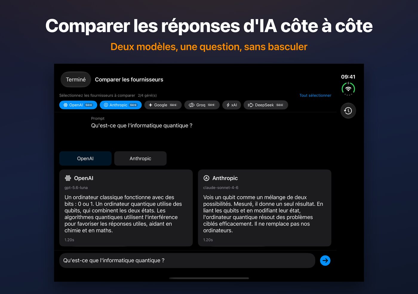 Comparer dans AskWatch sur iPhone Duo : deux réponses d'IA à une même question, côte à côte