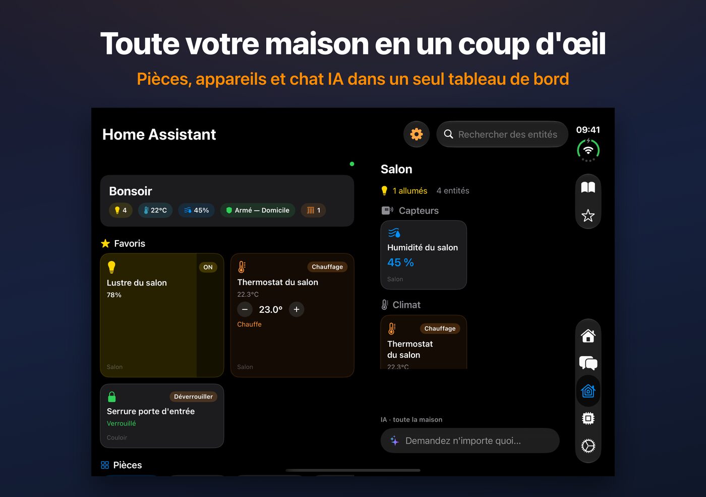 Tableau de bord Home Assistant d'AskWatch sur l'iPhone Duo ouvert : pièces, appareils et discussion IA
