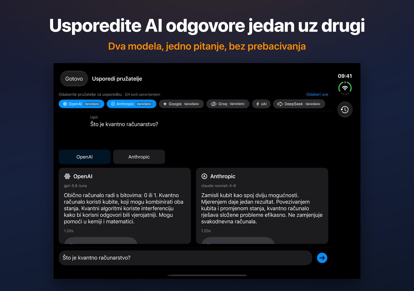 Zaslon Usporedi u aplikaciji AskWatch na uređaju iPhone Duo: dva AI odgovora na jedno pitanje, jedan uz drugoga
