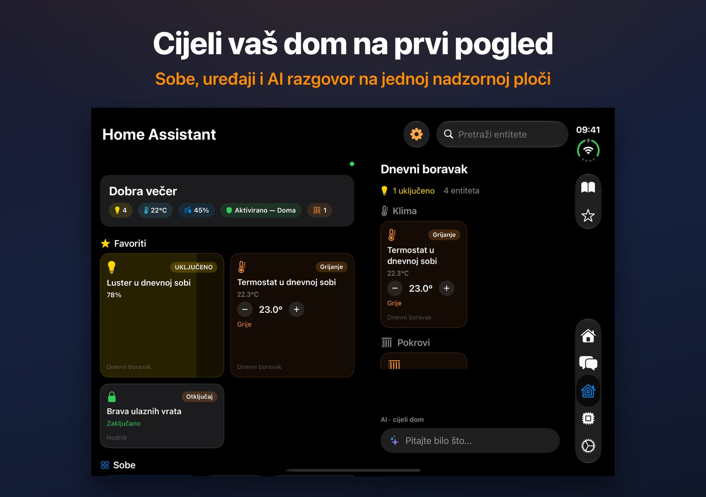 Nadzorna ploča Home Assistant u aplikaciji AskWatch na otvorenom uređaju iPhone Duo: prostorije, uređaji i AI razgovor