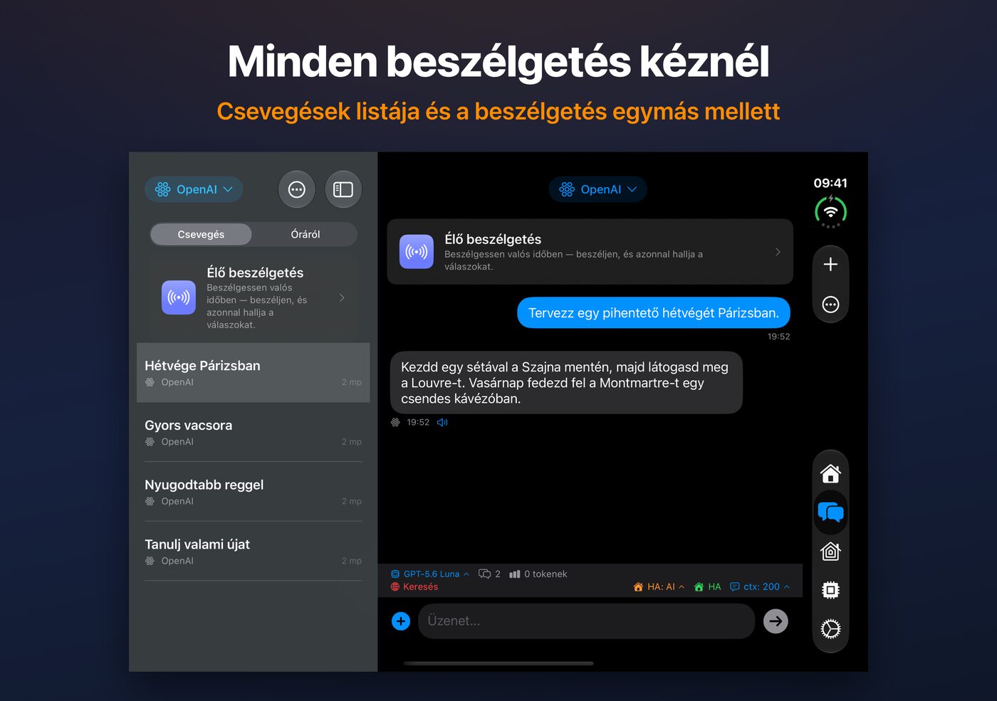 AskWatch a nyitott iPhone Duo kijelzőjén: csevegéslista és beszélgetés egymás mellett