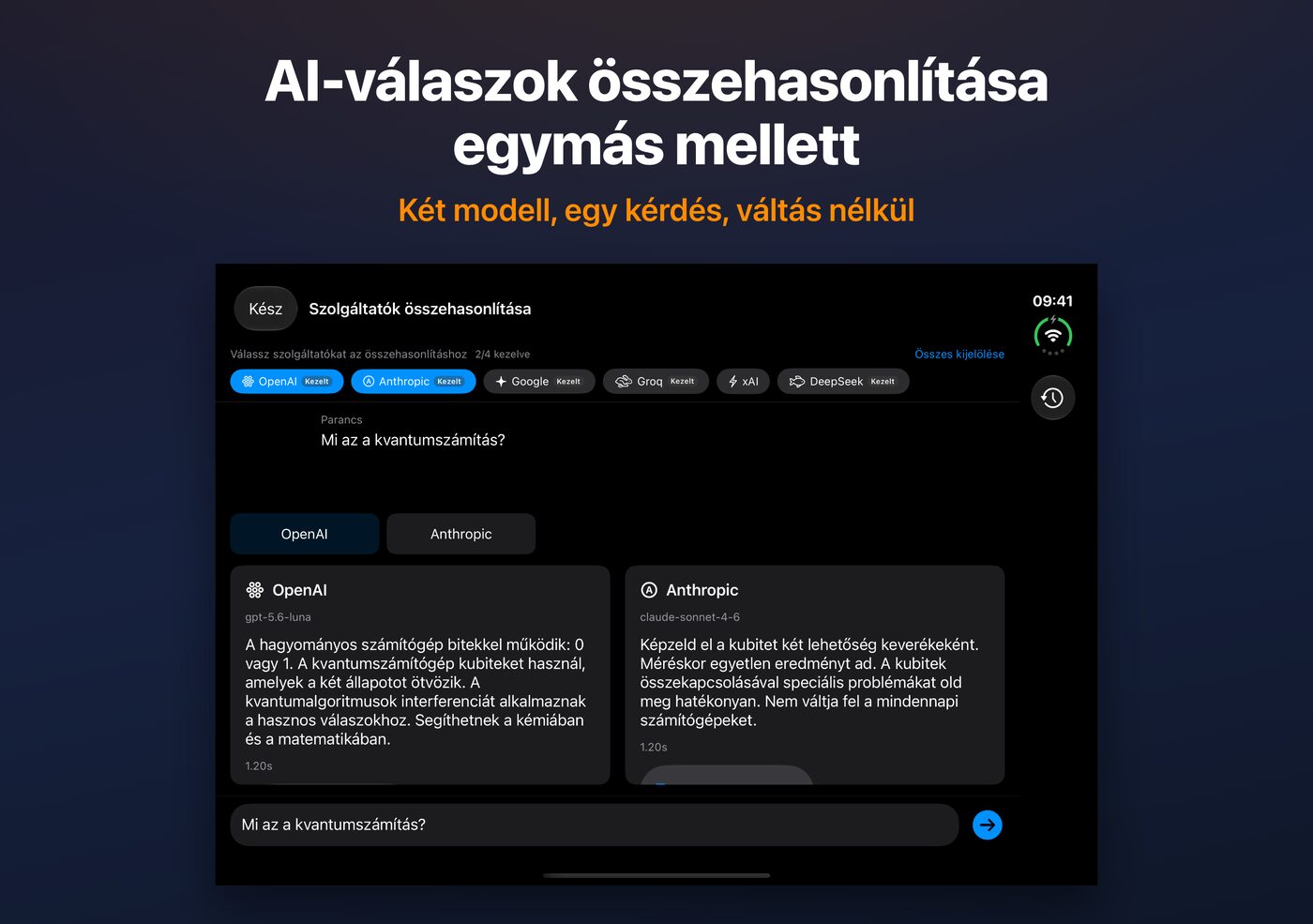 AskWatch Összehasonlítás az iPhone Duo kijelzőjén: két AI-válasz egy kérdésre, egymás mellett