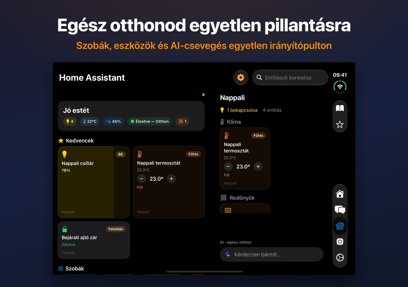 AskWatch Home Assistant vezérlőpult a nyitott iPhone Duo kijelzőjén: helyiségek, eszközök és AI-csevegés