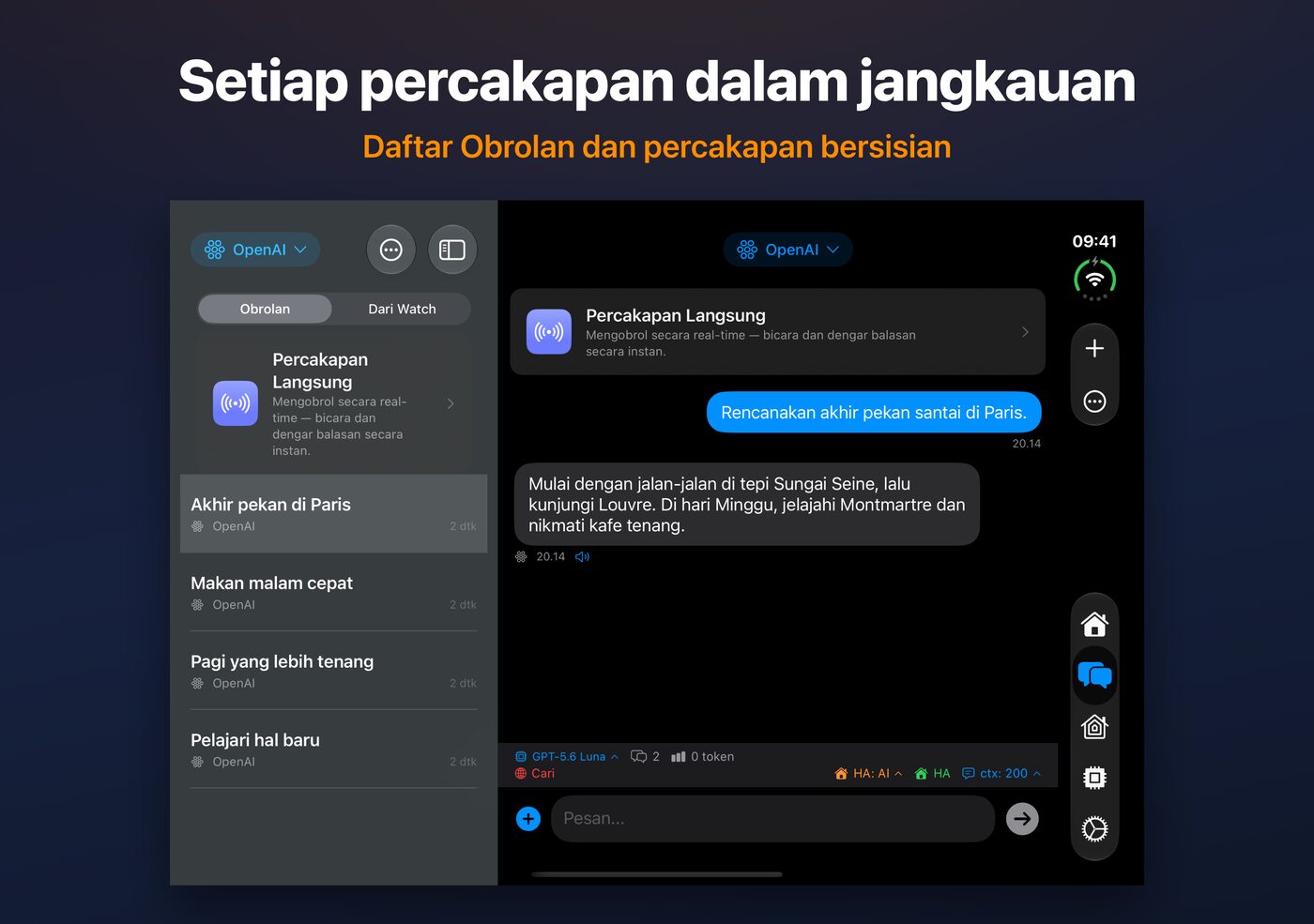 AskWatch di iPhone Duo yang terbuka: daftar obrolan dan percakapan berdampingan
