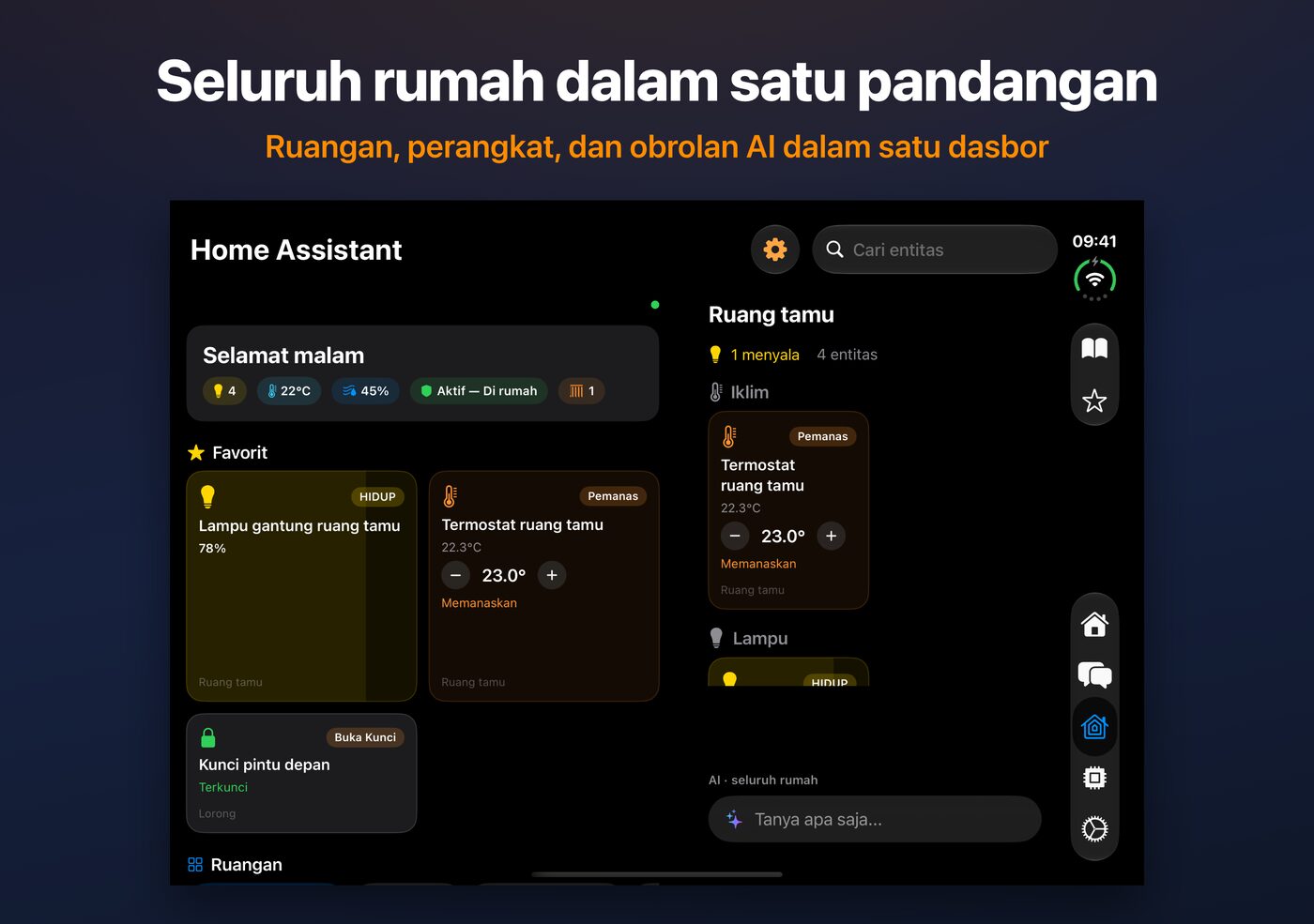 Dasbor Home Assistant AskWatch di iPhone Duo yang terbuka: ruangan, perangkat, dan obrolan AI