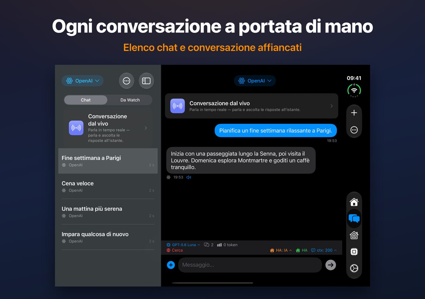 AskWatch su iPhone Duo aperto: elenco delle chat e conversazione affiancati
