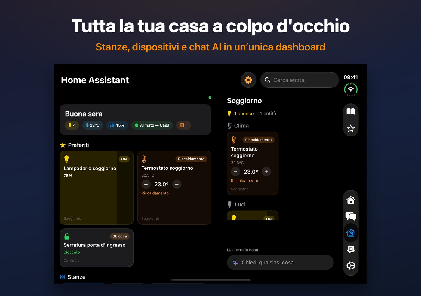 Dashboard Home Assistant di AskWatch su iPhone Duo aperto: stanze, dispositivi e chat IA