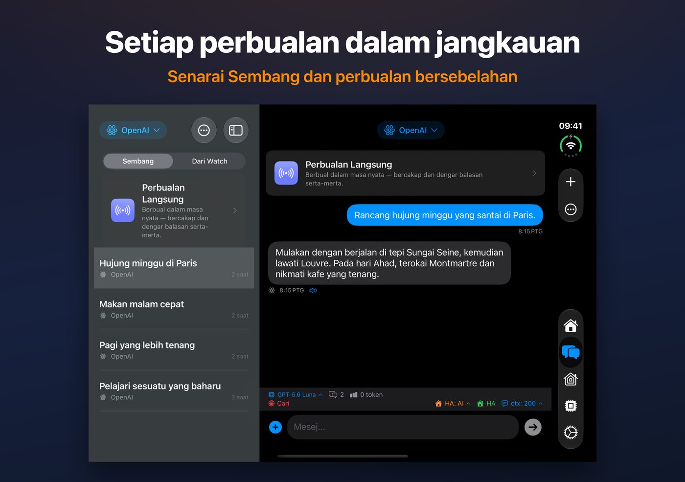 AskWatch pada iPhone Duo yang terbuka: senarai sembang dan perbualan bersebelahan