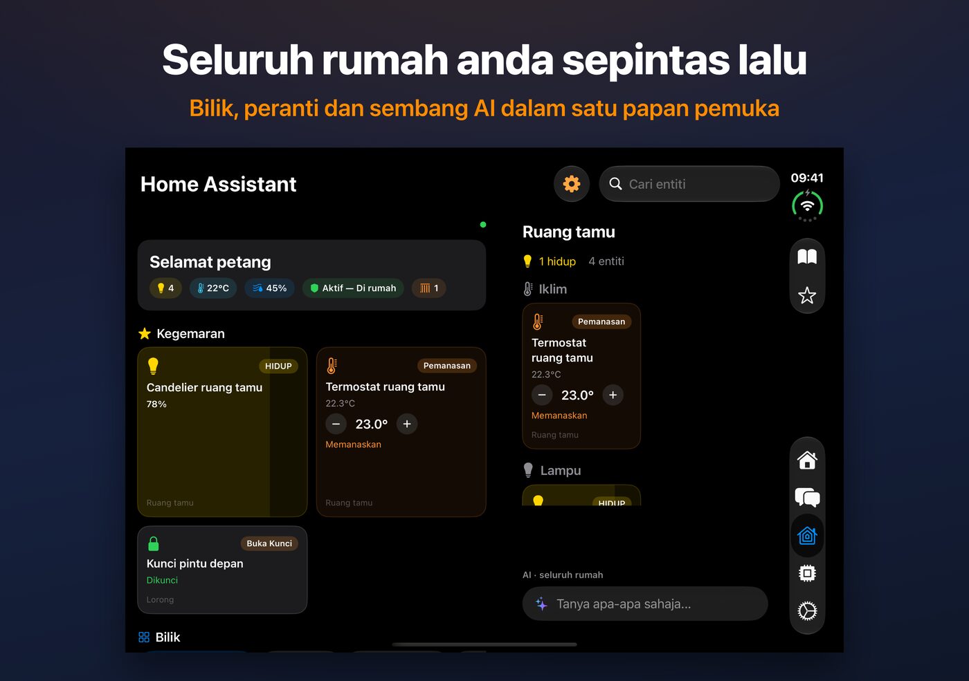 Papan pemuka Home Assistant AskWatch pada iPhone Duo yang terbuka: bilik, peranti dan sembang AI