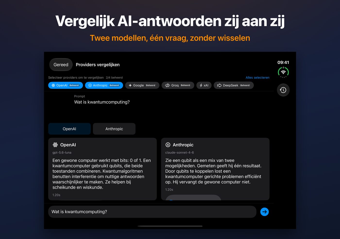 AskWatch Vergelijk op iPhone Duo: twee AI-antwoorden op één vraag, naast elkaar