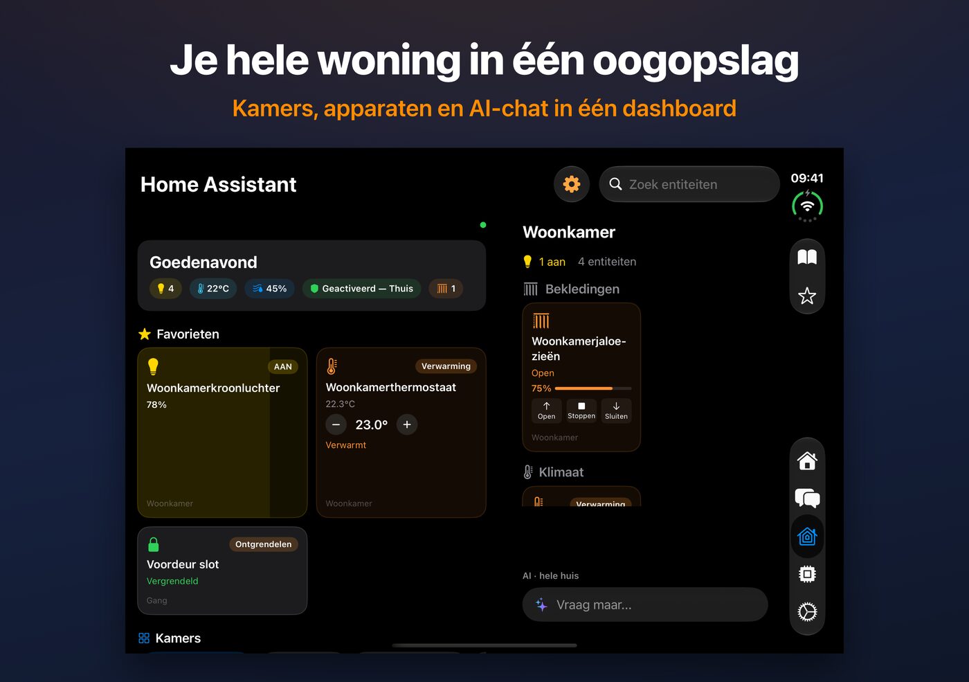 AskWatch Home Assistant-dashboard op de open iPhone Duo: kamers, apparaten en AI-chat