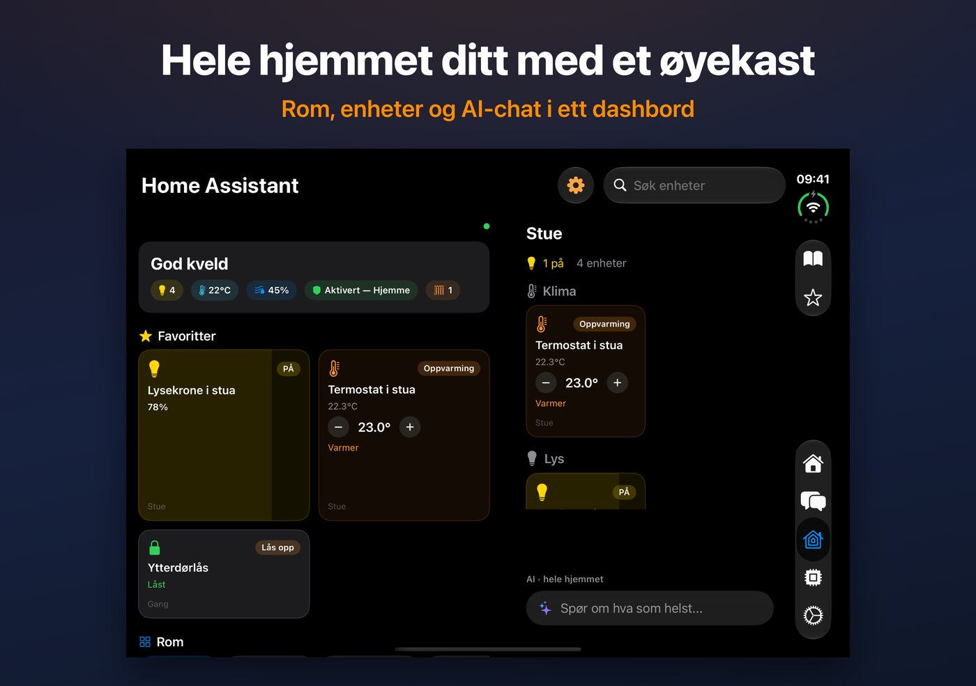 AskWatch Home Assistant-oversikt på den åpne iPhone Duo: rom, enheter og AI-chat