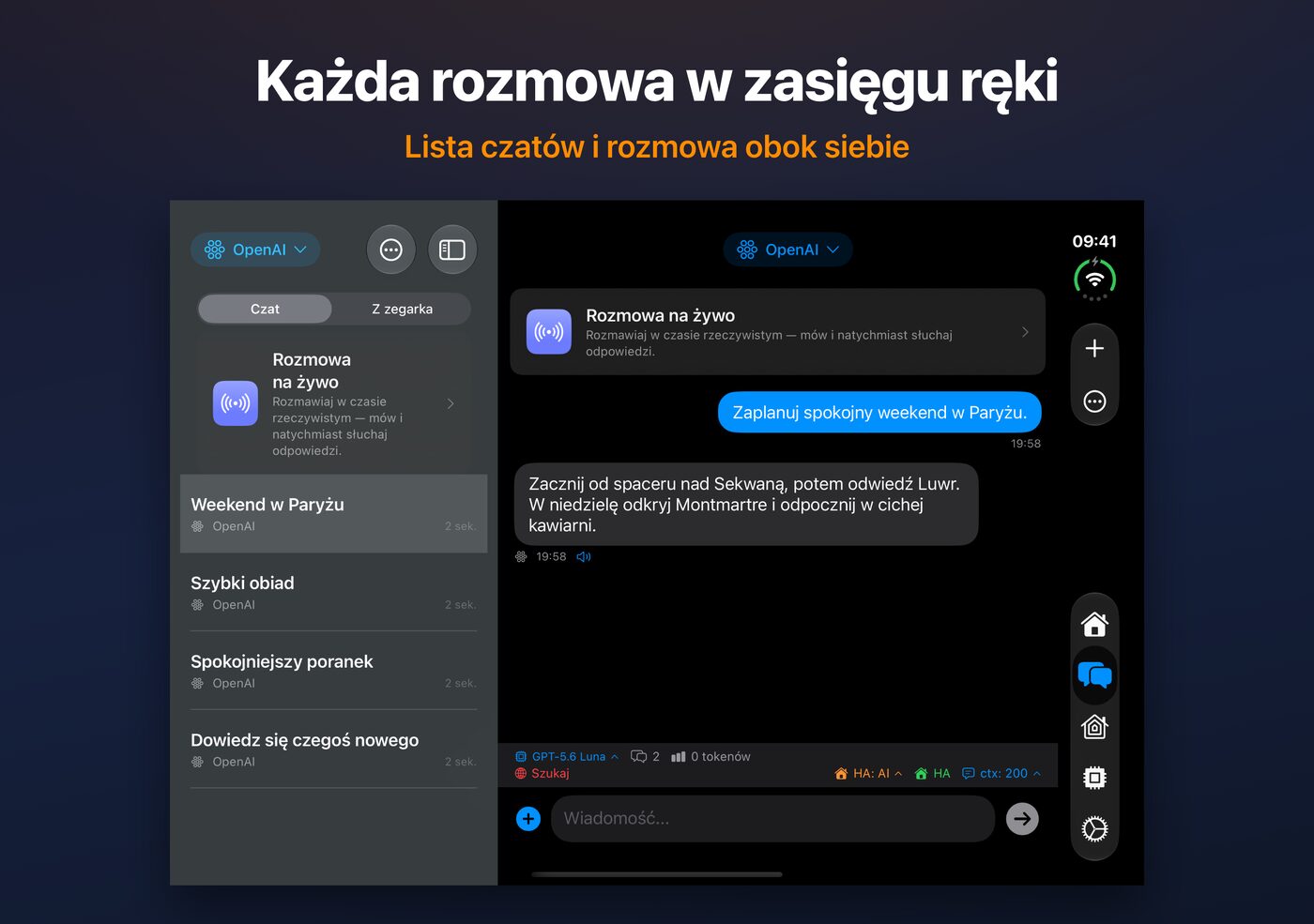 AskWatch na otwartym iPhonie Duo: lista czatów i rozmowa obok siebie