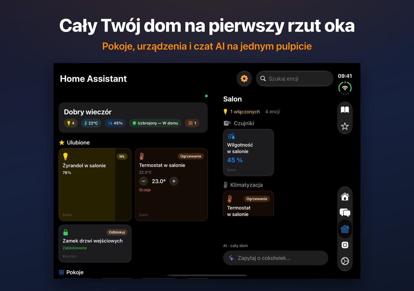 Panel Home Assistant w AskWatch na otwartym iPhonie Duo: pokoje, urządzenia i czat AI