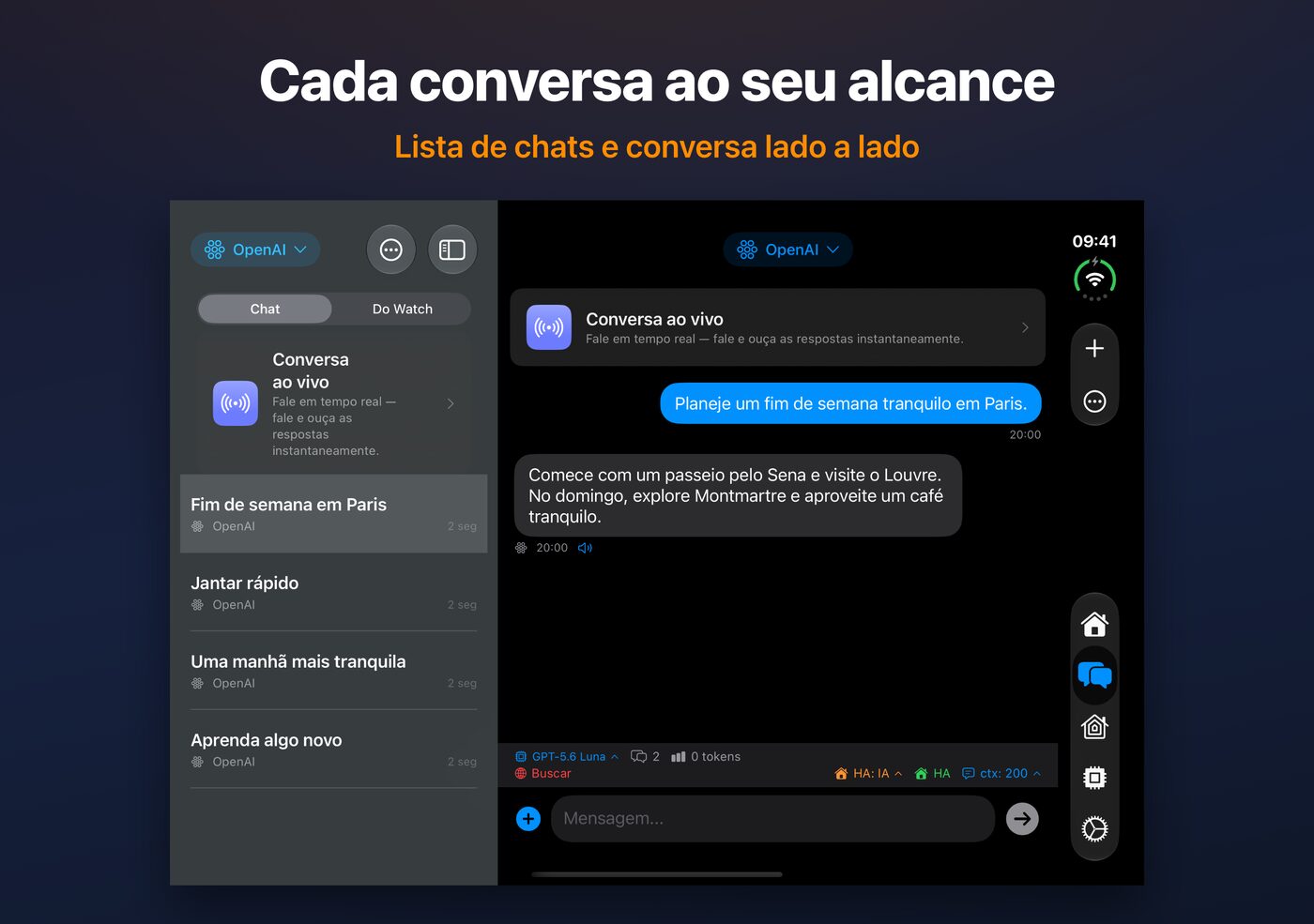 AskWatch no iPhone Duo aberto: lista de chats e conversa lado a lado