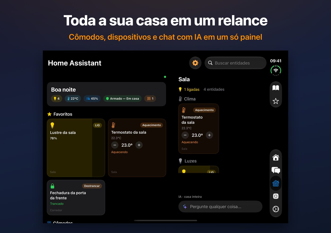 Painel do Home Assistant no AskWatch no iPhone Duo aberto: cômodos, dispositivos e chat de IA