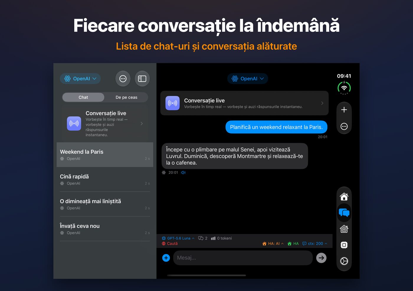 AskWatch pe ecranul deschis al iPhone Duo: lista de chaturi și conversația, una lângă alta