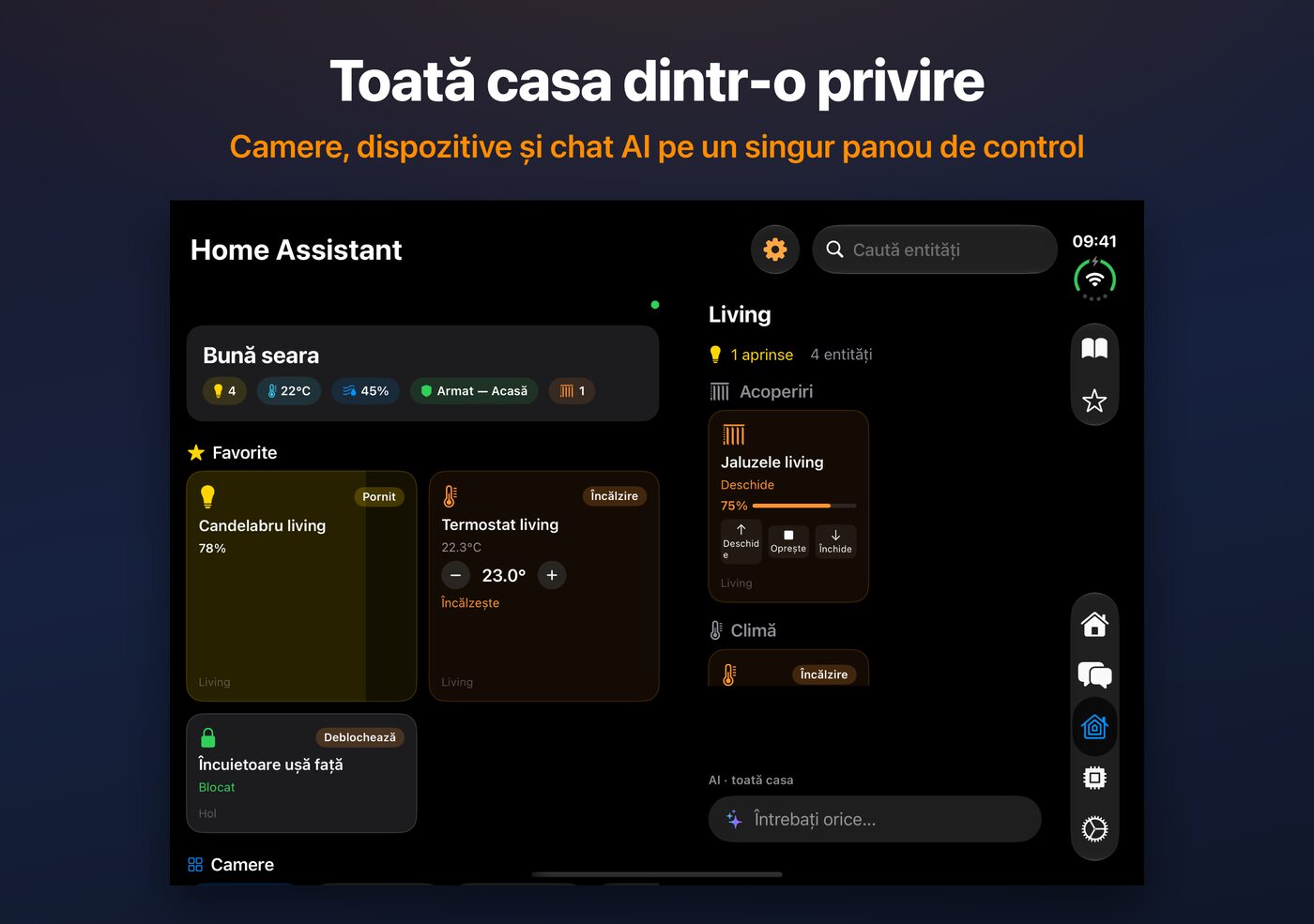 Panoul de control Home Assistant din AskWatch pe iPhone Duo deschis: camere, dispozitive și chat AI