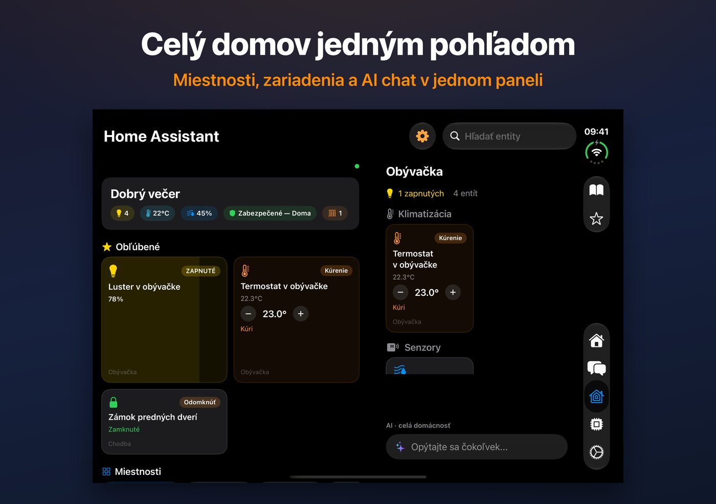 Prehľad Home Assistant v AskWatch na otvorenom iPhone Duo: miestnosti, zariadenia a AI chat