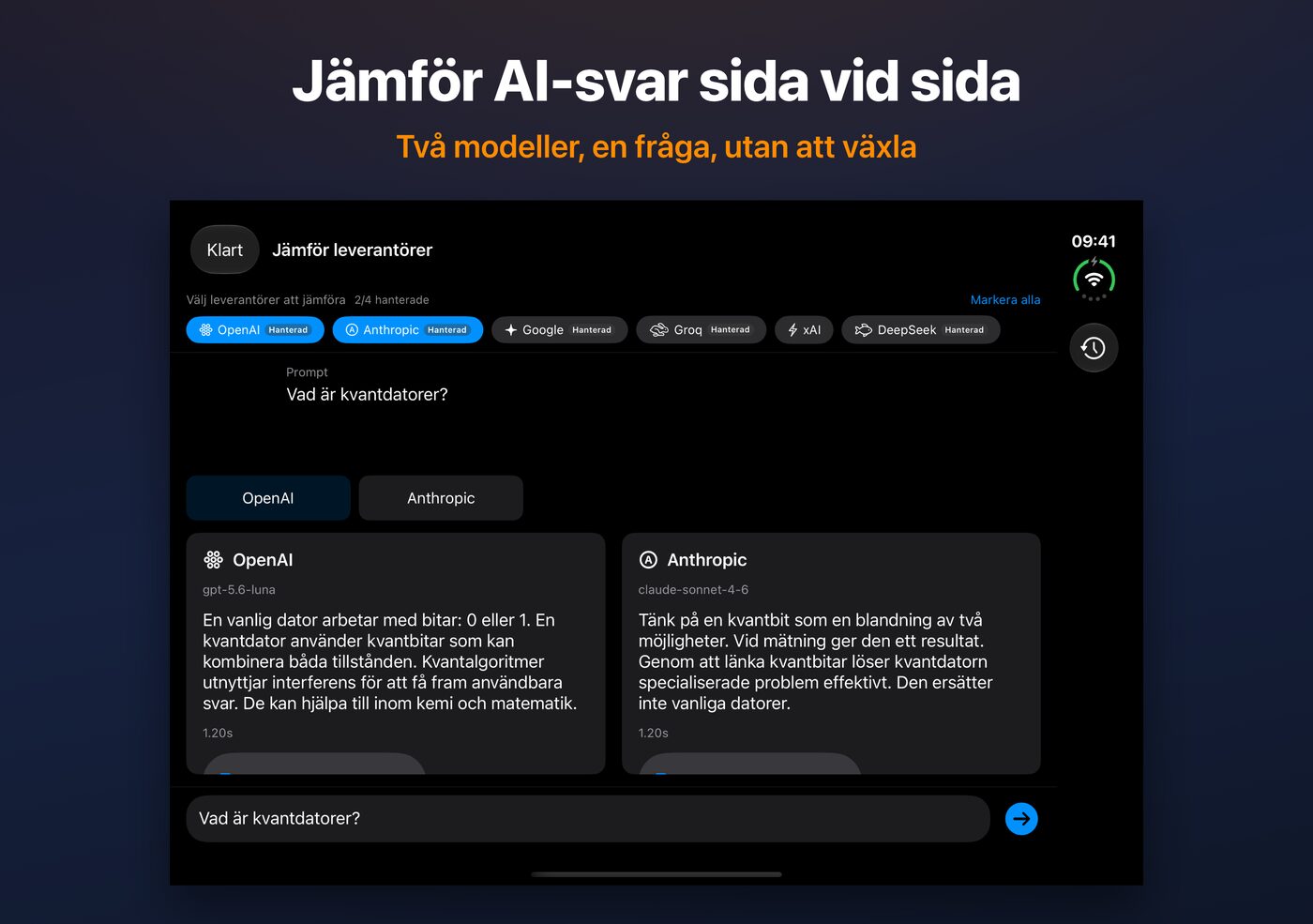 AskWatch Jämför på iPhone Duo: två AI-svar på en fråga, sida vid sida