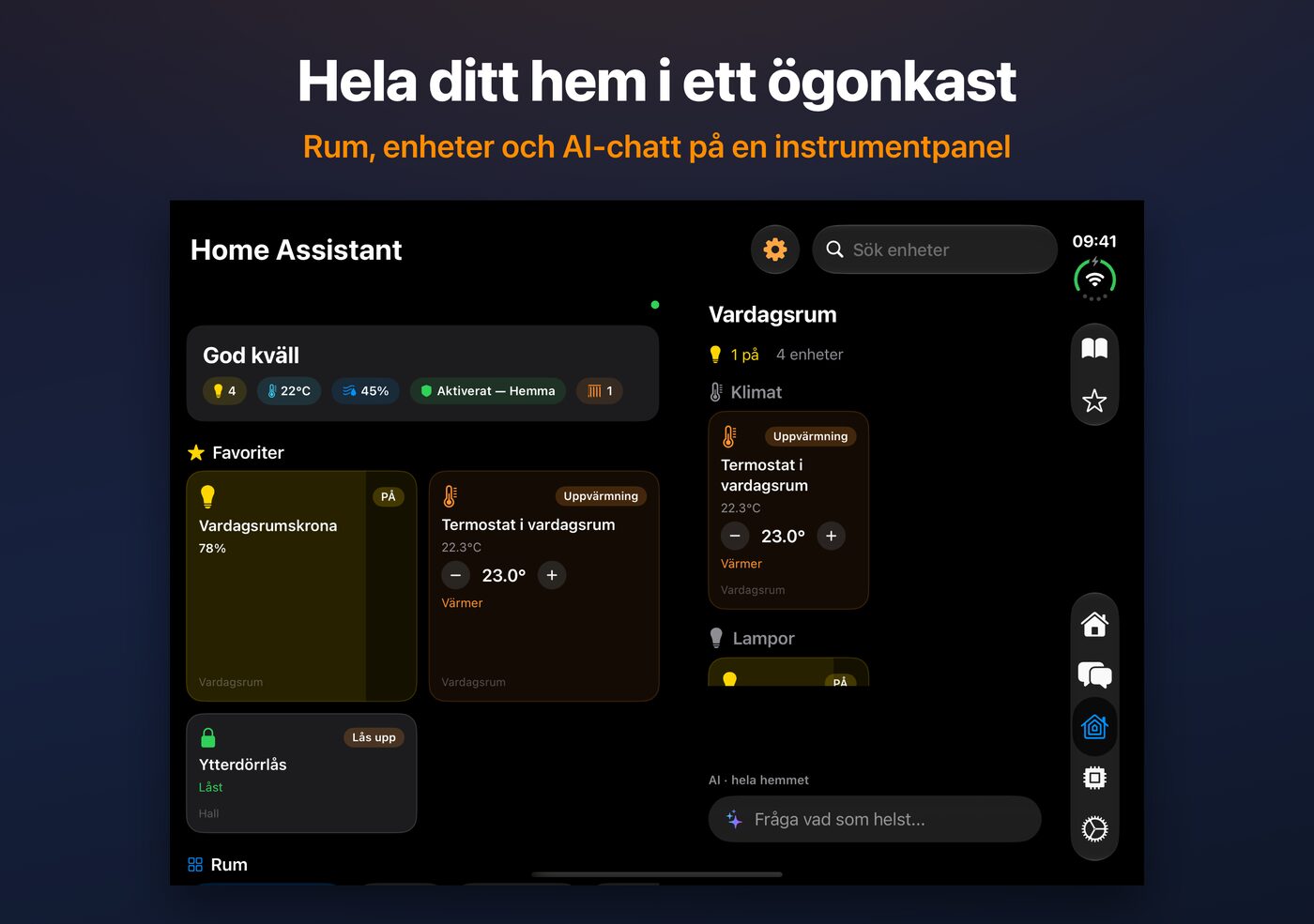 AskWatch Home Assistant-panel på den öppna iPhone Duo: rum, enheter och AI-chatt