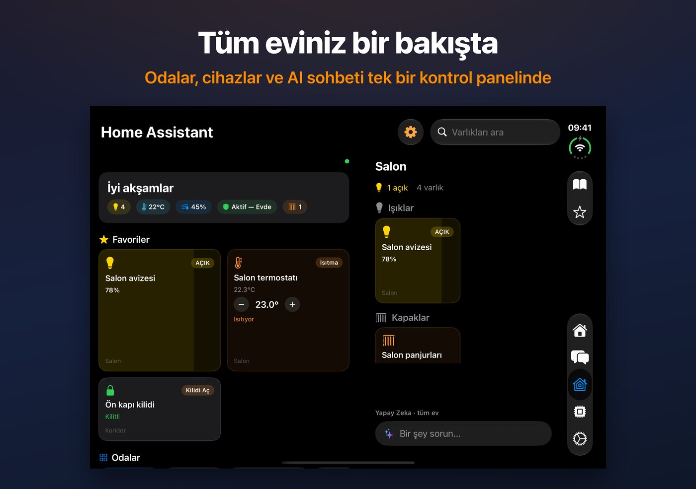 Açık iPhone Duo'da AskWatch Home Assistant paneli: odalar, cihazlar ve AI sohbeti