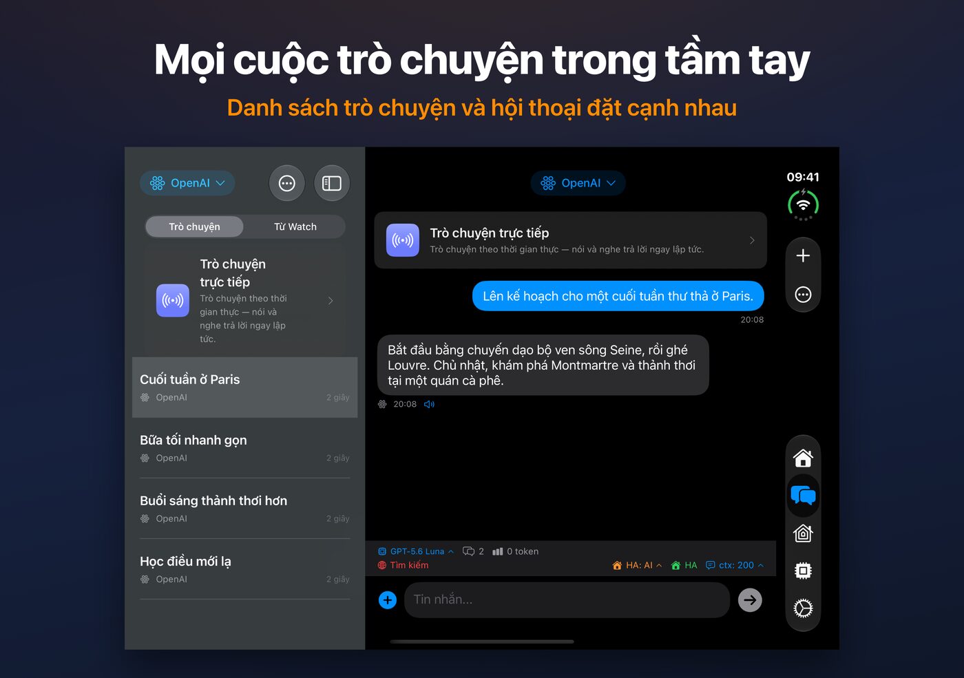 AskWatch trên iPhone Duo mở: danh sách trò chuyện và cuộc trò chuyện đặt cạnh nhau